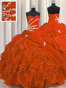 Organza Sweetheart Sleeveless Lace Up Beading and Appliques and Ruffles Quinceanera Dresses in Red