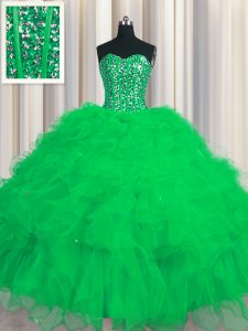 Exceptional Visible Boning Green Ball Gowns Beading and Ruffles and Sequins Quinceanera Gown Lace Up Tulle Sleeveless Fl