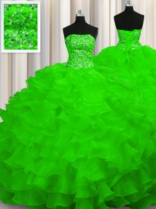 Strapless Lace Up Beading and Ruffles Quinceanera Dresses Sweep Train Sleeveless