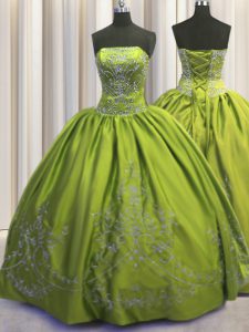 Attractive Olive Green Strapless Lace Up Beading and Embroidery Sweet 16 Quinceanera Dress Sleeveless