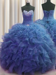 Cute Beaded Bust Beading and Ruffles 15th Birthday Dress Blue Lace Up Sleeveless Floor Length