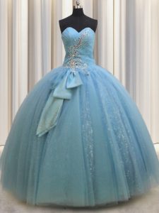 Stunning Baby Blue Lace Up Sweetheart Beading and Sequins and Bowknot Quinceanera Dress Tulle Sleeveless