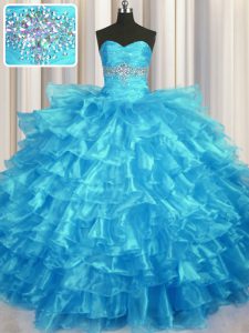 Sexy Baby Blue Ball Gowns Beading and Ruffled Layers Vestidos de Quinceanera Lace Up Organza Sleeveless Floor Length