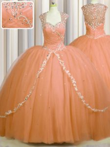 See Through Back Brush Train Orange Ball Gowns Beading and Appliques Sweet 16 Quinceanera Dress Zipper Tulle Cap Sleeves
