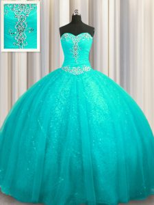 Sequined Lace Up 15th Birthday Dress Aqua Blue for Military Ball and Sweet 16 and Quinceanera with Beading and Appliques