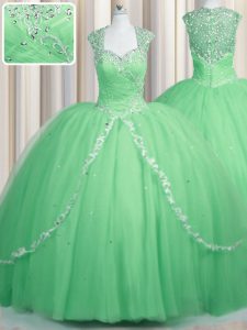Superior Cap Sleeves Beading and Appliques Zipper 15 Quinceanera Dress with Apple Green Brush Train
