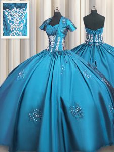 High Class Floor Length Teal Quinceanera Dresses Sweetheart Short Sleeves Lace Up
