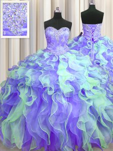 Deluxe Sweetheart Sleeveless Quinceanera Gowns Floor Length Beading and Appliques and Ruffles Multi-color Organza