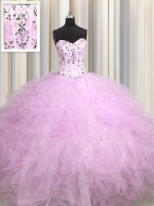 Visible Boning Lilac Ball Gowns Sweetheart Sleeveless Tulle Floor Length Lace Up Beading and Appliques and Ruffles Quinc