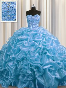 Exceptional Sweetheart Sleeveless Quinceanera Gowns Floor Length Court Train Beading and Pick Ups Baby Blue Organza