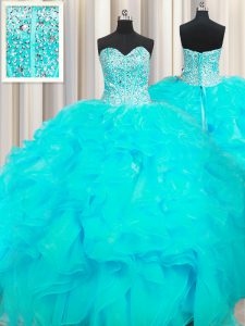 Wonderful Visible Boning Beaded Bodice Sweetheart Sleeveless Quinceanera Dress Floor Length Beading and Ruffles Aqua Blu