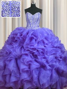 Simple Bling-bling Lavender Sweetheart Lace Up Beading and Ruffles Quince Ball Gowns Brush Train Sleeveless