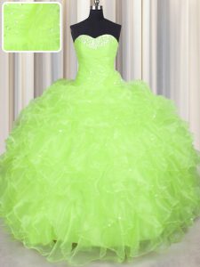 Romantic Floor Length Yellow Green Sweet 16 Quinceanera Dress Organza Sleeveless Beading and Ruffles