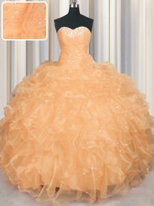 Affordable Orange Lace Up Sweetheart Beading and Ruffles Quinceanera Gowns Organza Sleeveless