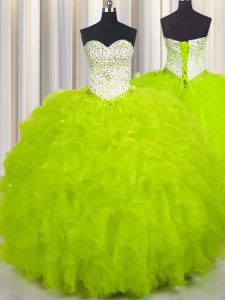 Graceful Yellow Green Ball Gowns Beading and Ruffles Sweet 16 Dress Lace Up Tulle Sleeveless Floor Length