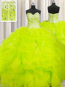 Visible Boning Beaded Bodice Yellow Sweetheart Neckline Beading and Ruffles Quince Ball Gowns Sleeveless Lace Up