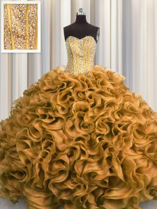 Visible Boning Floor Length Lace Up Ball Gown Prom Dress Gold for Military Ball and Sweet 16 and Quinceanera with Beadin