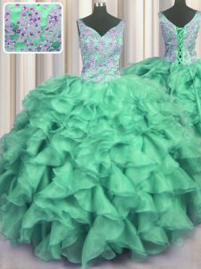 Turquoise V-neck Neckline Beading and Ruffles Sweet 16 Quinceanera Dress Sleeveless Lace Up