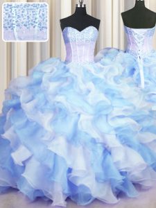 Most Popular Two Tone Visible Boning Blue And White Sweetheart Lace Up Beading and Ruffles Sweet 16 Dress Sleeveless