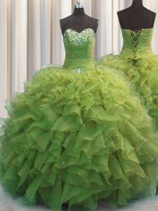 Beaded Bust Organza Sleeveless Floor Length 15 Quinceanera Dress and Beading and Ruffles