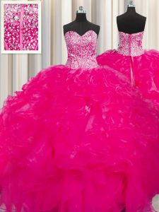 Visible Boning Beaded Bodice Floor Length Hot Pink Sweet 16 Dresses Organza Sleeveless Beading and Ruffles