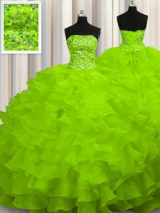 Hot Sale Quince Ball Gowns Strapless Sleeveless Sweep Train Lace Up