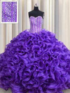 Fancy Visible Boning Purple Sleeveless Organza Lace Up Sweet 16 Dresses for Military Ball and Sweet 16 and Quinceanera