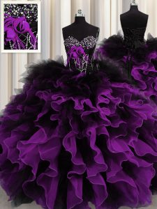 Sleeveless Organza and Tulle Floor Length Lace Up Quinceanera Dress in Multi-color with Beading and Ruffles