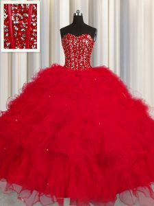 Fitting Visible Boning Red Sleeveless Floor Length Beading and Ruffles and Sequins Lace Up Quince Ball Gowns