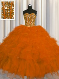 Visible Boning Rust Red Ball Gowns Tulle Sweetheart Sleeveless Beading and Ruffles and Sequins Floor Length Lace Up Quin