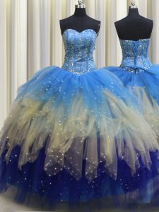 Flare Visible Boning Sleeveless Floor Length Beading and Ruffles and Sequins Lace Up Quinceanera Gown with Multi-color