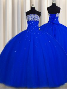Really Puffy Floor Length Royal Blue Vestidos de Quinceanera Tulle Sleeveless Beading and Sequins