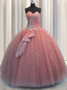 Custom Design Sweetheart Sleeveless Quince Ball Gowns Floor Length Beading and Sequins and Bowknot Watermelon Red Tulle