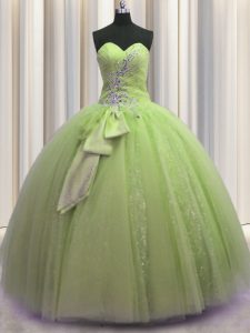 Sequins Bowknot Ball Gowns Ball Gown Prom Dress Yellow Green Sweetheart Tulle Sleeveless Floor Length Lace Up