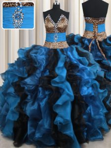 Leopard Two Tone V Neck Organza and Printed Sleeveless Floor Length 15 Quinceanera Dress and Beading and Ruffles