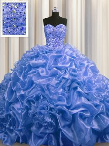 Blue Lace Up Ball Gown Prom Dress Beading and Pick Ups Sleeveless With Train Court Train
