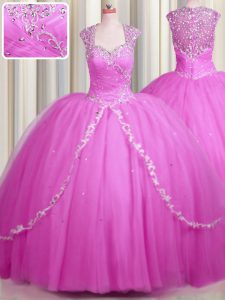 See Through Brush Train Hot Pink Ball Gowns Beading and Appliques Vestidos de Quinceanera Zipper Tulle Cap Sleeves With 