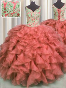 Dramatic V Neck Coral Red Sleeveless High Low Beading and Ruffles Lace Up 15th Birthday Dress