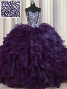 Visible Boning Bling-bling Dark Purple Lace Up Sweetheart Beading and Ruffles Quinceanera Gown Organza Sleeveless Brush 