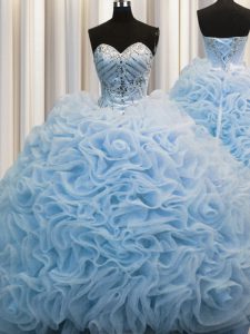 Baby Blue Ball Gown Prom Dress Fabric With Rolling Flowers Brush Train Sleeveless Beading and Pick Ups