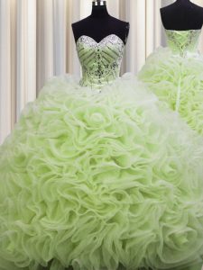 Best Selling Brush Train Yellow Green Ball Gowns Sweetheart Sleeveless Fabric With Rolling Flowers Floor Length Lace Up 