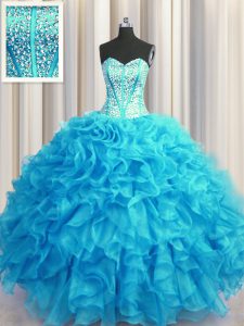 Dazzling Visible Boning Bling-bling Floor Length Lace Up Quinceanera Dresses Baby Blue for Military Ball and Sweet 16 an