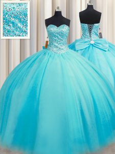 Puffy Skirt Floor Length Lace Up Vestidos de Quinceanera Baby Blue for Military Ball and Sweet 16 and Quinceanera with B