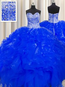 Visible Boning Beaded Bodice Royal Blue Sleeveless Organza Lace Up Sweet 16 Dress for Military Ball and Sweet 16 and Qui