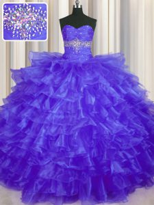 Captivating Sleeveless Organza Floor Length Lace Up Quinceanera Gown in Purple with Beading and Ruffled Layers