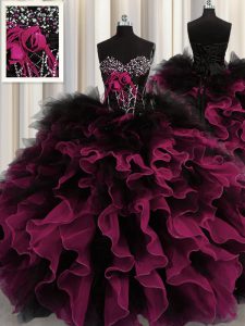 Sweet Beading and Ruffles 15th Birthday Dress Red And Black Lace Up Sleeveless Floor Length