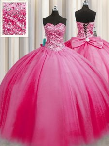 Big Puffy Rose Pink Sleeveless Tulle Lace Up Quinceanera Dresses for Military Ball and Sweet 16 and Quinceanera
