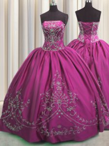 Most Popular Embroidery Strapless Sleeveless Lace Up Sweet 16 Dress Fuchsia Taffeta