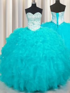 Deluxe Aqua Blue Tulle Lace Up Sweetheart Sleeveless Floor Length 15th Birthday Dress Beading and Ruffles