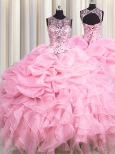 Glittering Scoop See Through Baby Pink Sleeveless Floor Length Beading and Ruffles and Pick Ups Lace Up Quinceanera Gown